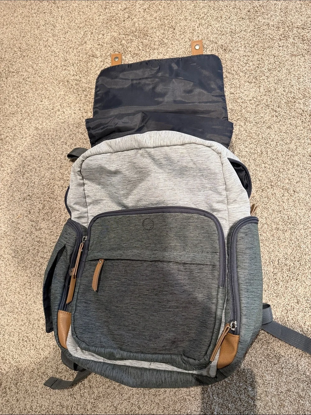 Eddie Bauer Light Gray and Dark Gray diaper Backpack with Tan Accents